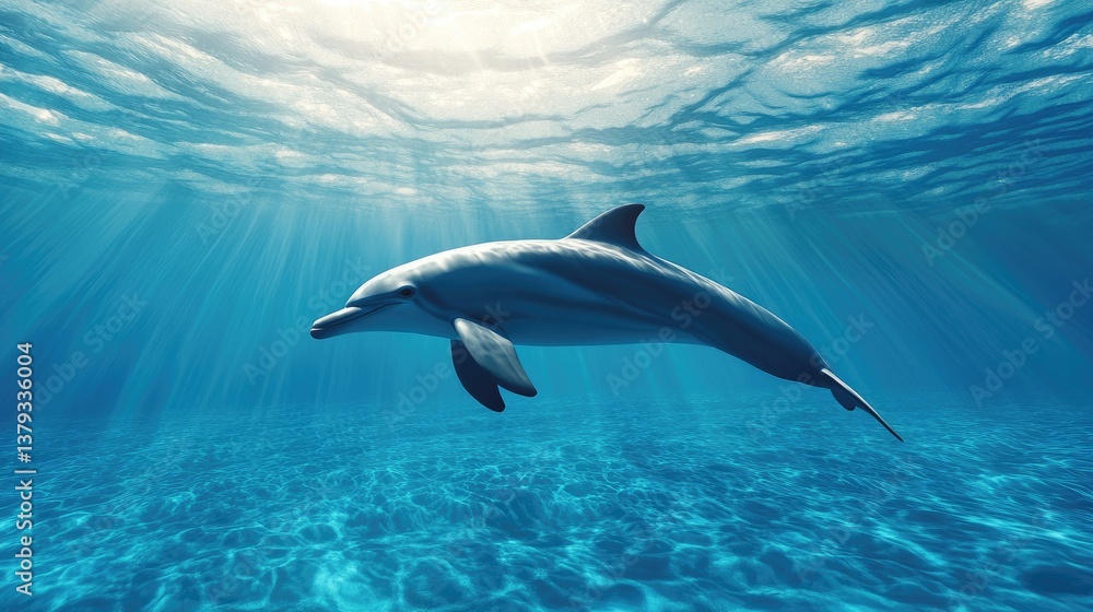 Dolphin Swimming Underwater in Blue Ocean with Sun Rays Shining Down Dolphin Swimming Underwater in Blue Ocean with Sun Rays Shining Down
