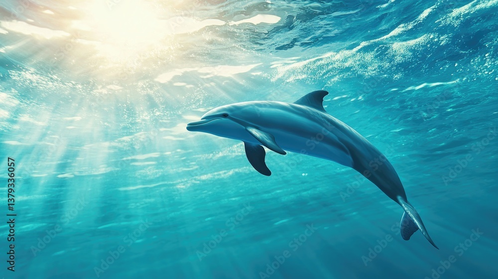Fototapeta premium Dolphin Swimming Underwater with Sunbeams and Turquoise Water Creates Serene Scene