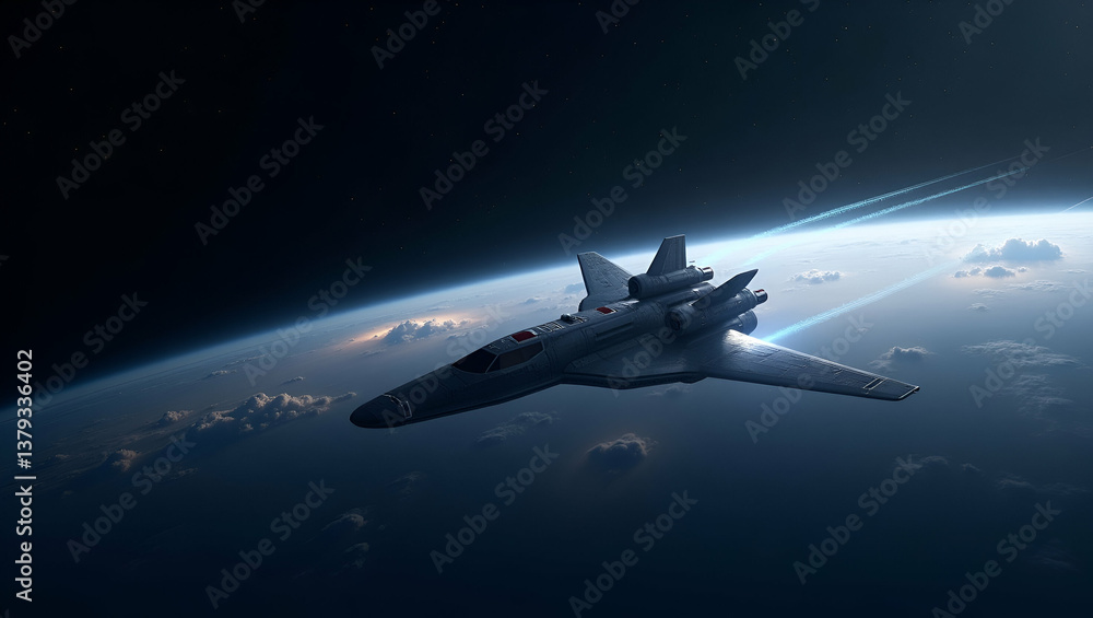 Naklejka premium Exhibit a refined minimalist wallpaper design depicting future of space travel by showcasing expansive empty space sleek digital motifs and advanced propulsion graphics that symbolize innovative inter