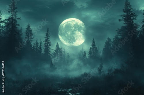 haunting forest at night with full moon fog dark atmosphere gothic mystery