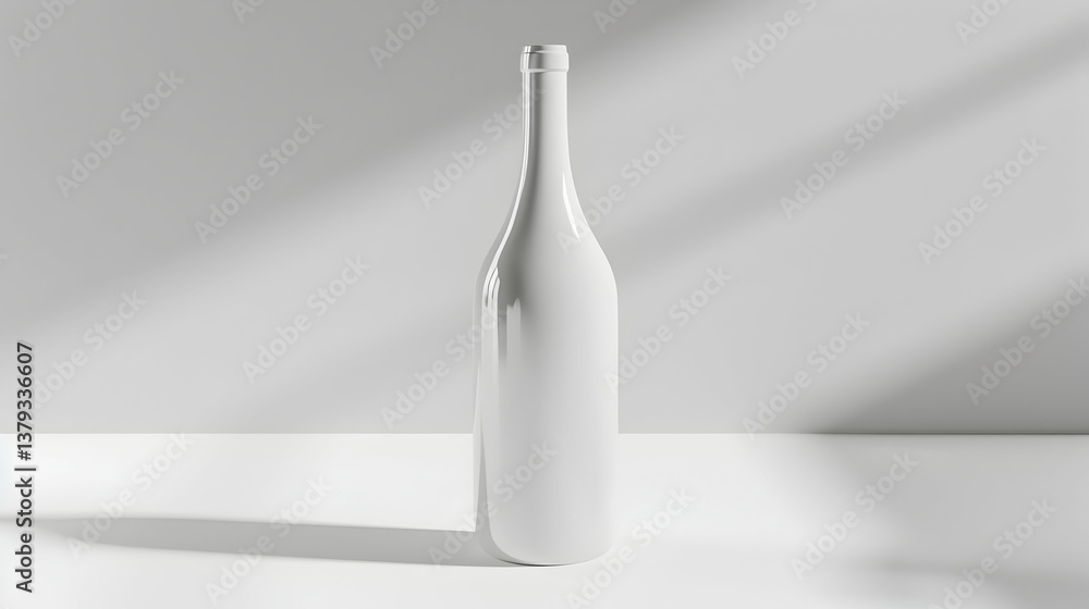 A minimalist white bottle stands on a surface, illuminated by soft light and shadows.