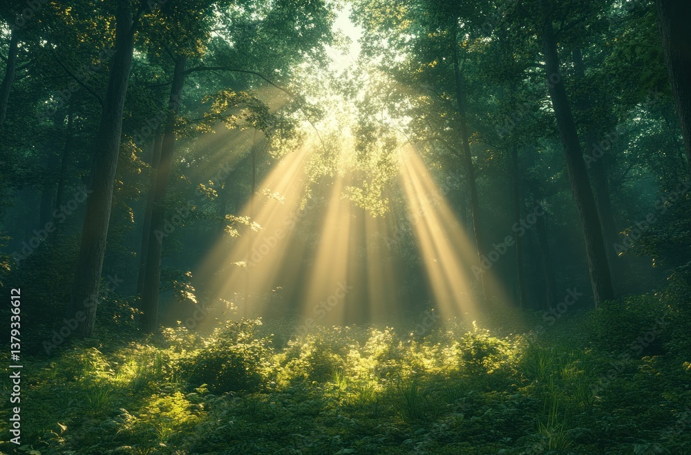 Enchanting Mystical Forest Lush Green Wilderness Landscape at Dawn with Soft Light and Tranquil Mood Enchanting Mystical Forest Lush Green Wilderness Landscape at Dawn with Soft Light and Tranquil Mood