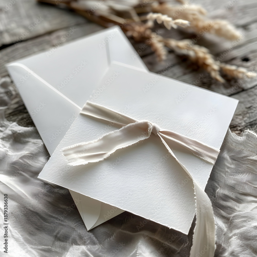 A minimalist invitation card tied with a ribbon, resting on textured fabric.