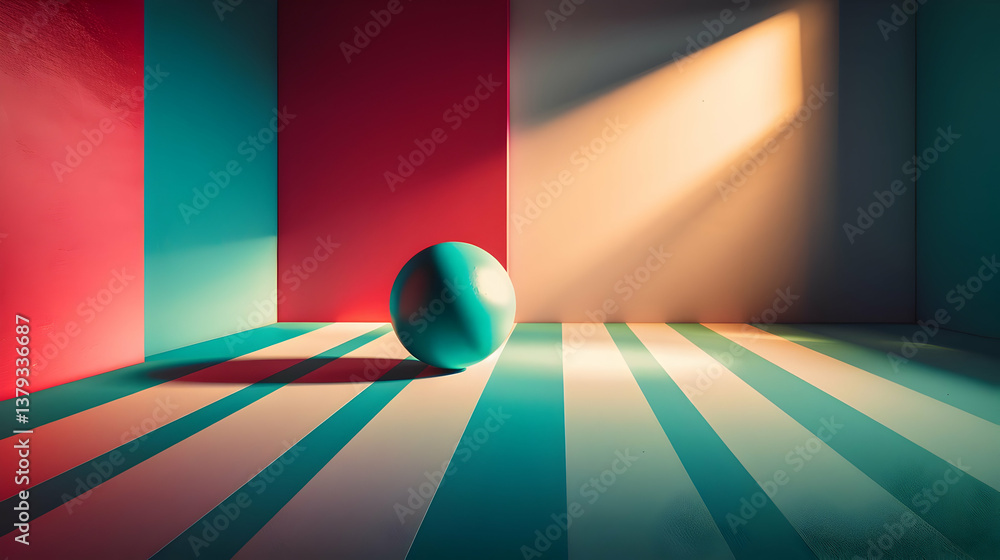 A minimalistic scene featuring a sphere in a colorful, shadowed interior.