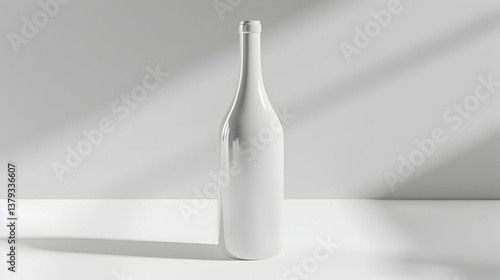 Obraz na płótnie A minimalist white bottle stands on a surface, illuminated by soft light and shadows. w salonie