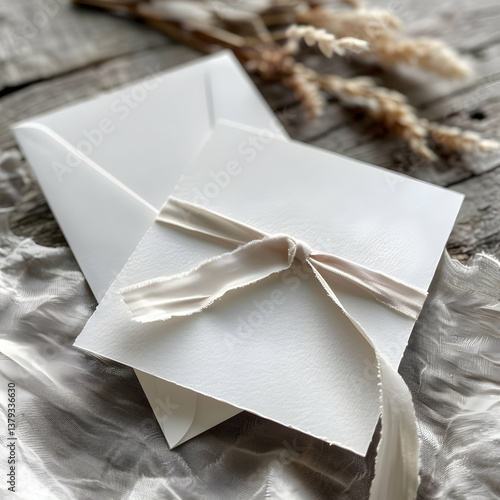 Obraz na płótnie A minimalist invitation card tied with a ribbon, resting on textured fabric. w salonie