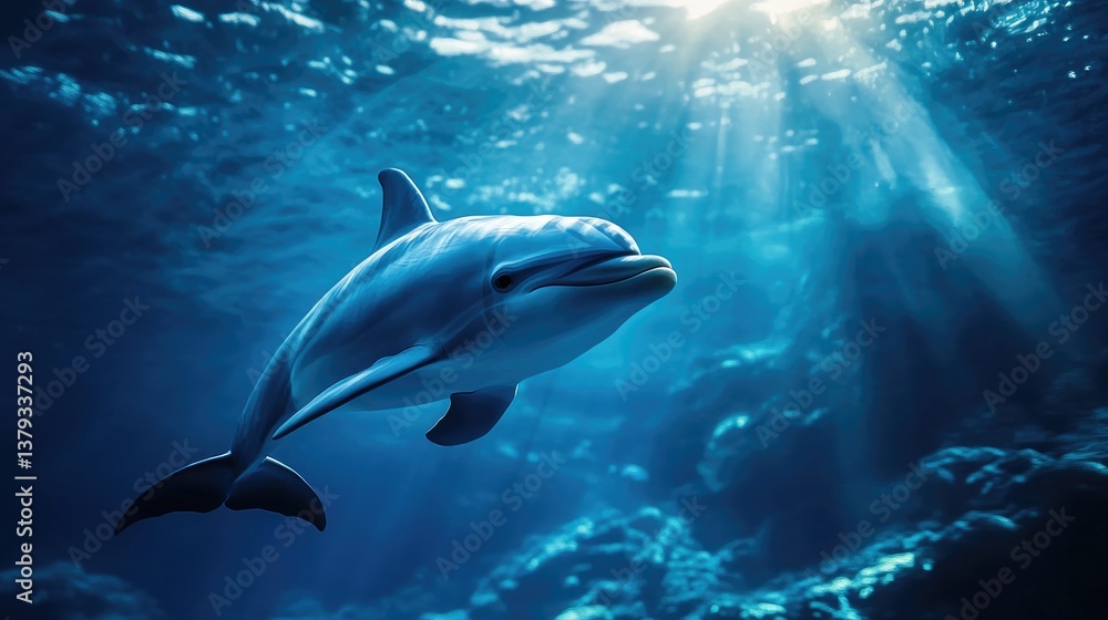 Fototapeta premium Dolphin Swimming Underwater in Blue Ocean with Sunlight Rays