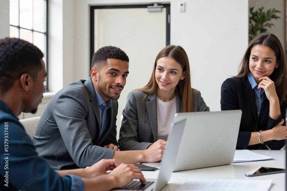 Four Young Professionals Engaging in a Collaborative Meeting in a Modern Office Environment, Featuring Two Men and Two Women in Business Attire Focused on Laptop Discussions Four Young Professionals Engaging in a Collaborative Meeting in a Modern Office Environment, Featuring Two Men and Two Women in Business Attire Focused on Laptop Discussions
