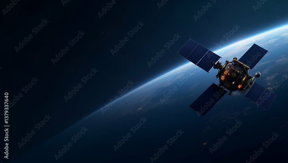Fototapeta premium Elegant Wallpaper Design Featuring Satellite Constellations: Negative Space & Digital Accents for Advanced Orbital Networks & Global Connectivity in Modern Space Infrastructure