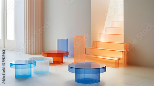 Obraz na płótnie A modern interior scene featuring colorful transparent furniture and stairs. w salonie