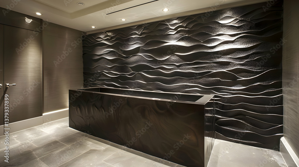 A modern reception area featuring a textured wall and sleek counter.