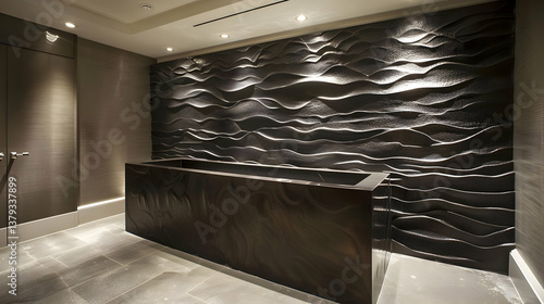 Obraz na płótnie A modern reception area featuring a textured wall and sleek counter. w salonie