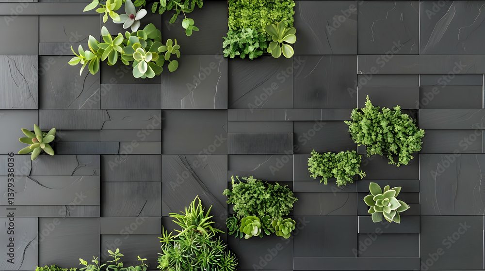 A modern wall featuring various green plants arranged on a textured black background.