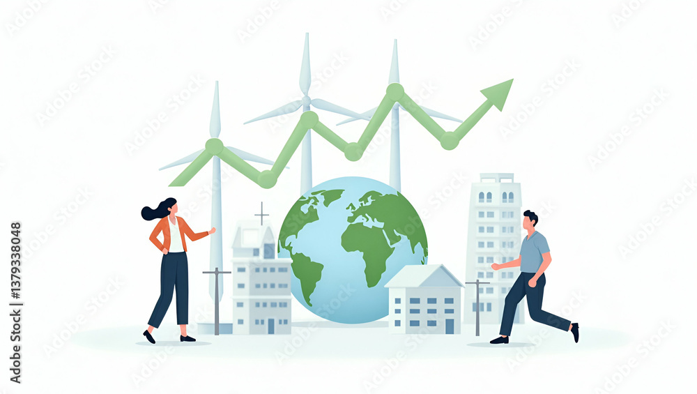 Flat Sophisticated visual representation of clean tech investment strategies highlighting renewable energy innovations sustainable market expansion and eco?friendly technology adoption for strategic a