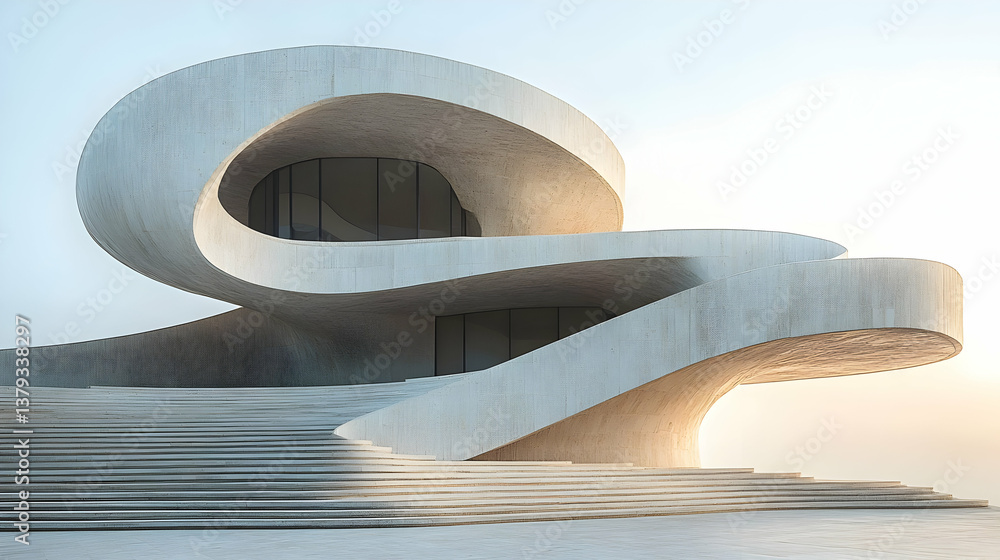A modern, sculptural building with flowing lines and large windows.