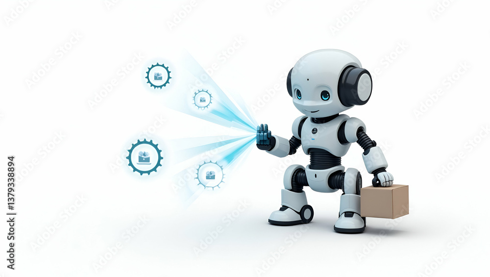 3D Icon: Advanced Robotic Logistics Solutions with Automation & Smart Sensors for Optimized Supply Chain Efficiency on a Cute Isolated White Background 3D Icon: Advanced Robotic Logistics Solutions with Automation & Smart Sensors for Optimized Supply Chain Efficiency on a Cute Isolated White Background