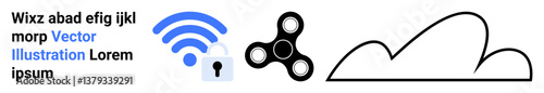 wireless signal with a padlock, fidget spinner, and cloud outline symbolizing connectivity, security, play, and data storage. Ideal for technology, devices, internet security entertainment cloud