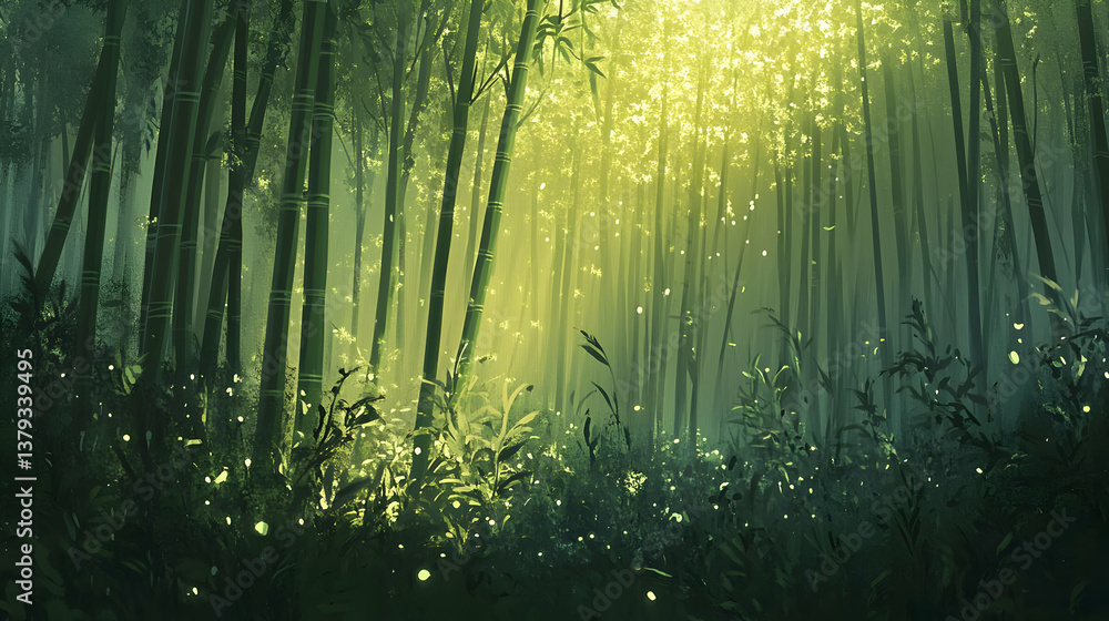 A serene bamboo forest illuminated by soft, golden light filtering through the trees.