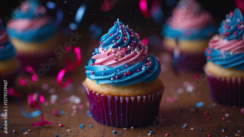  Swirled Frosting Cupcakes with Sprinkles on Rustic Surface
