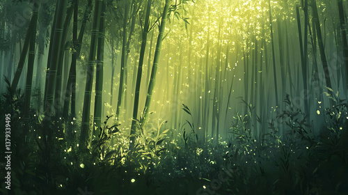 Obraz na płótnie A serene bamboo forest illuminated by soft, golden light filtering through the trees. w salonie