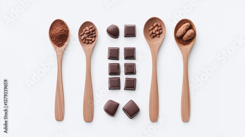 Assorted Chocolate Pieces and Ingredients on Wooden Spoons