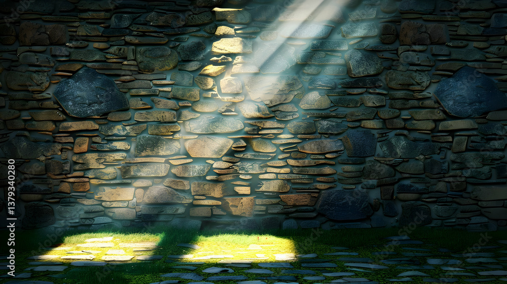 A stone wall illuminated by rays of light, creating a serene atmosphere.