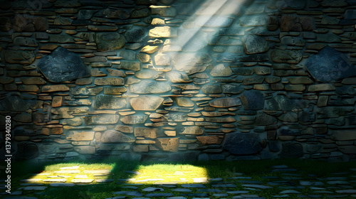 Obraz na płótnie A stone wall illuminated by rays of light, creating a serene atmosphere. w salonie