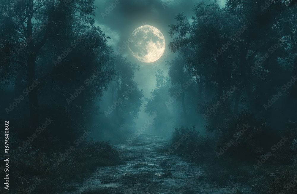 mysterious horror forest at night under full moon foggy atmosphere gothic landscape mysterious horror forest at night under full moon foggy atmosphere gothic landscape