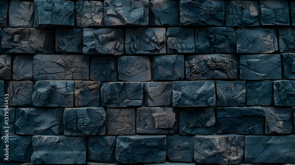 A textured wall made of dark, uneven stone bricks with intricate patterns.