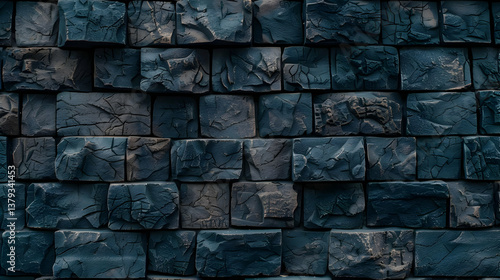 A textured wall made of dark, uneven stone bricks with intricate patterns.