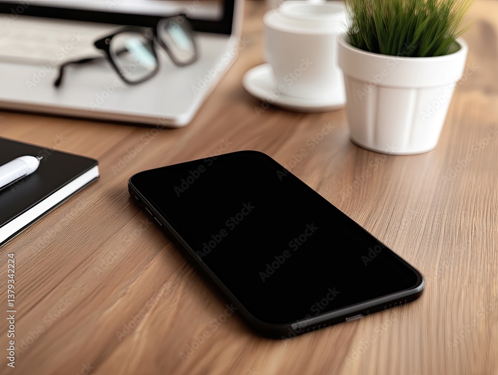 Office Desk: Smartphone for Laptop, Workspace. Office Desk: Smartphone for Laptop, Workspace.