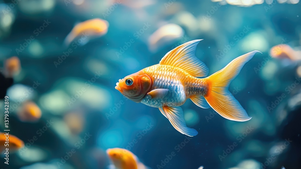 Swimming Goldfish in Aquarium with Blue Water and Other Fishes Swimming Goldfish in Aquarium with Blue Water and Other Fishes