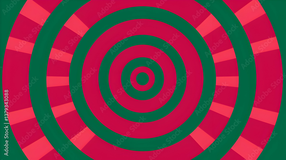 A vibrant design featuring concentric circles in red and green, creating optical illusion.