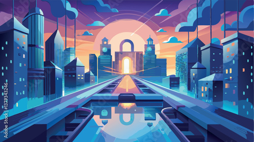 Artistic representation of a futuristic city at sunset with a locked gate and train tracks