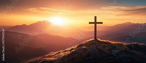 Peaceful evening landscape with a wooden cross in a mountain setting.