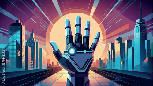 Futuristic cityscape with a robotic hand reaching toward a vibrant sunset