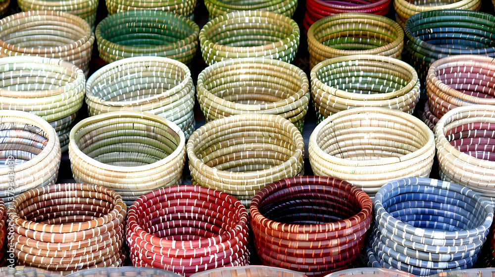A vibrant display of woven baskets in various colors and sizes for decorative use.