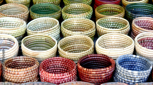 Obraz na płótnie A vibrant display of woven baskets in various colors and sizes for decorative use. w salonie
