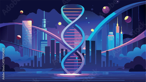Image of dna strand over landscape. global connections, digital interface and technology concept digitally generated image.