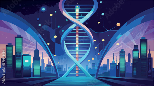 Image of dna strand over landscape. global connections, digital interface and technology concept digitally generated image.