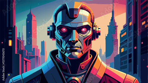 Futuristic cyborg portrait stands in a vibrant cityscape at dusk with glowing neon lights and towering skyscrapers
