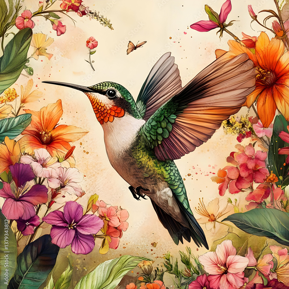 A vibrant hummingbird surrounded by colorful flowers in a lush, artistic setting.
