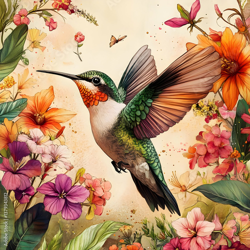 Obraz na płótnie A vibrant hummingbird surrounded by colorful flowers in a lush, artistic setting. w salonie