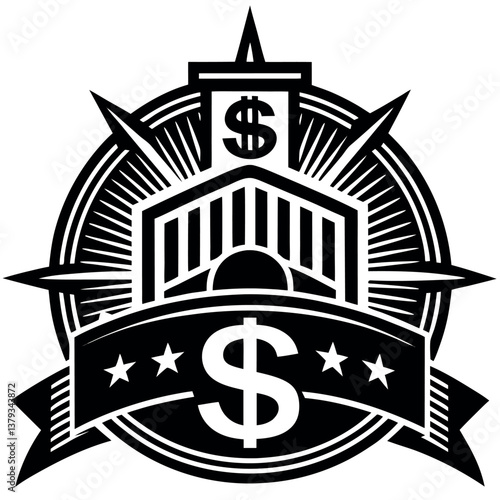 Symbol of enterprise and finance featuring a bold dollar sign with spikes and stars, depicting wealth and investment