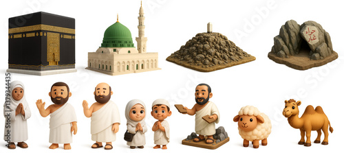 3D mockup hajj worship characters and places, miniatures, symbols, isolated