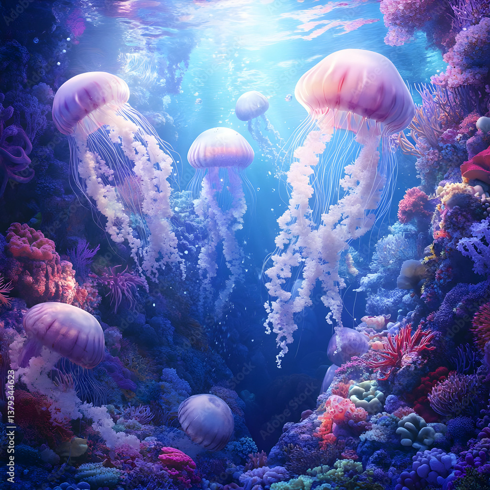 A vibrant underwater scene featuring jellyfish amidst colorful coral reefs.