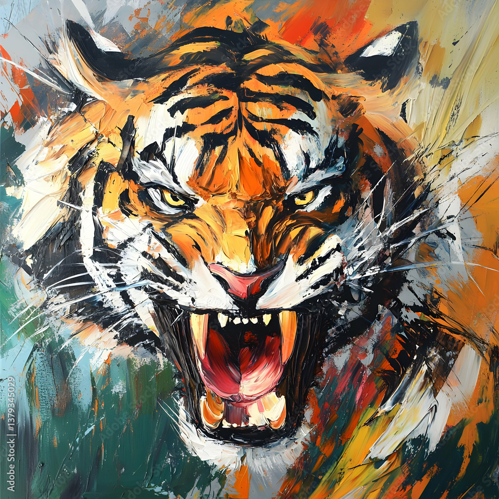 A vibrant, expressive painting of a roaring tiger showcasing its fierce nature.