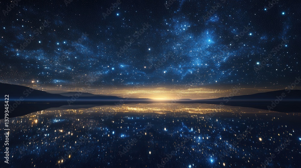 Naklejka premium Starry Night Sky Reflecting on a Calm Lake