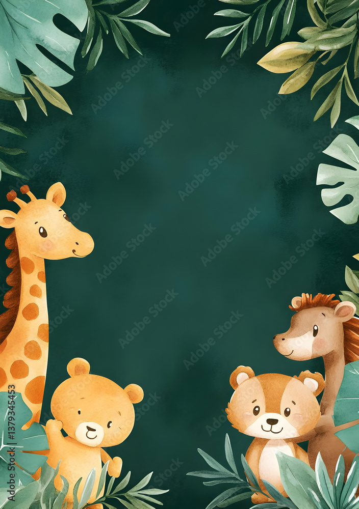 A whimsical illustration featuring a giraffe, bear, lion, and horse surrounded by foliage.