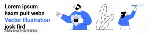 Man showcasing locked shield pointing at threats, colleague inspecting with magnifier near plant. Ideal for security, technology, teamwork, data privacy, awareness, presentations, simple landing page